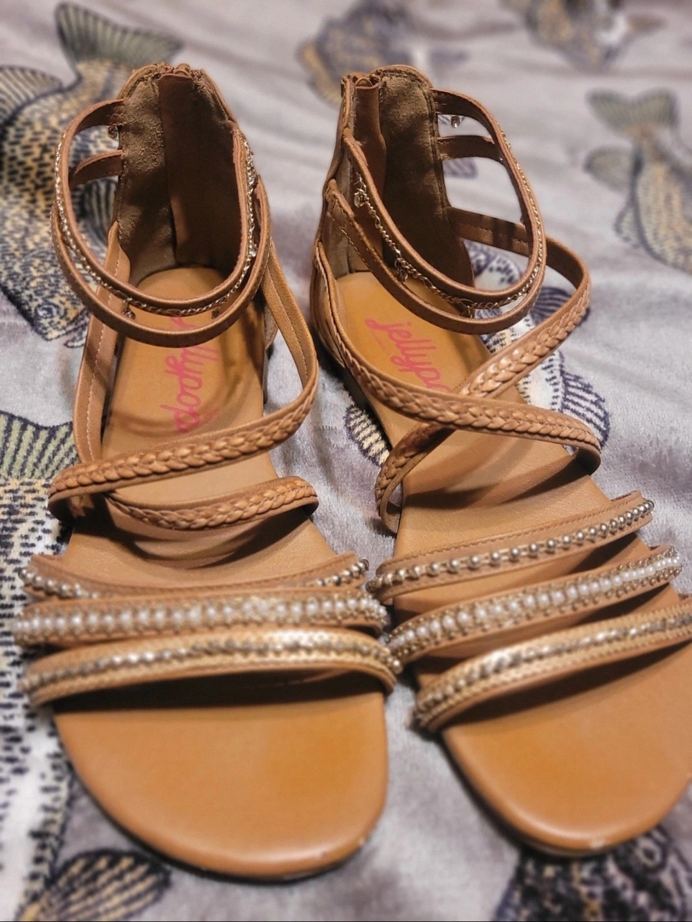 Jellypop Tan Braided & Rhinestone Strappy Sandals